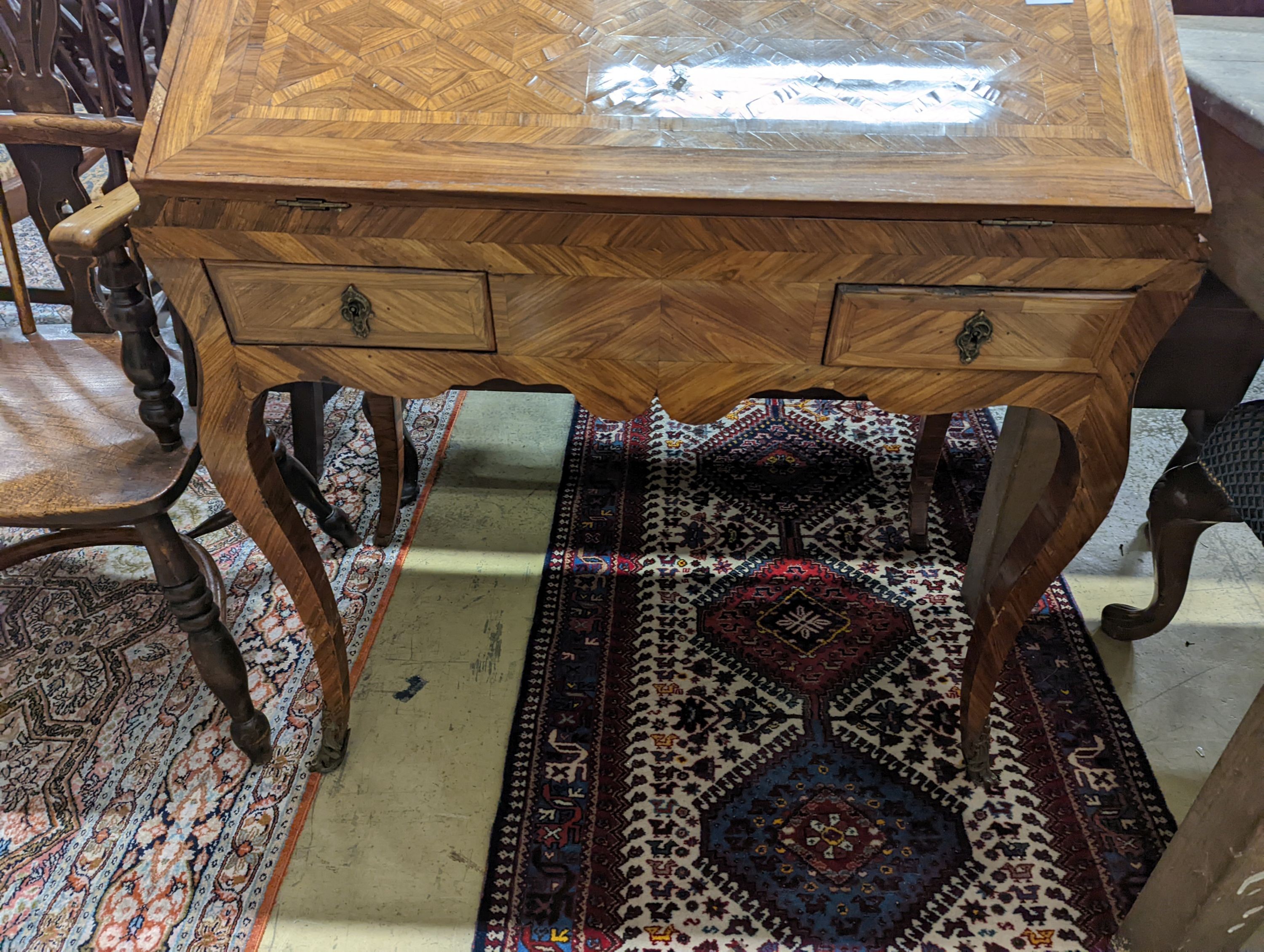 An 18th century French kingwood parquetry bureau. (Fall front AF) W-79cm, D-44cm, H-90cm.